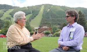 Tech billionaire Rob Ryan (left) answers a question for Building the Bakken host Jason Spiess.  Photo by Kevin Tobosa