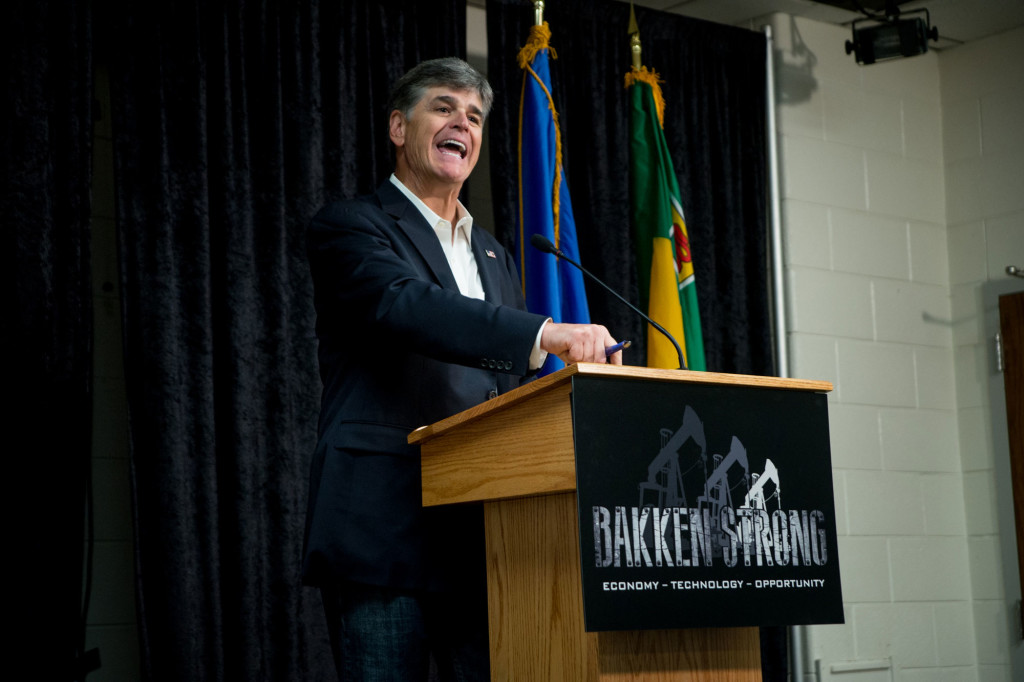 Media personality Sean Hannity answers a question at the Williston Basin Petroleum Conference in Bismarck, ND. Photo by Paul Flessland/Crude Life Photography